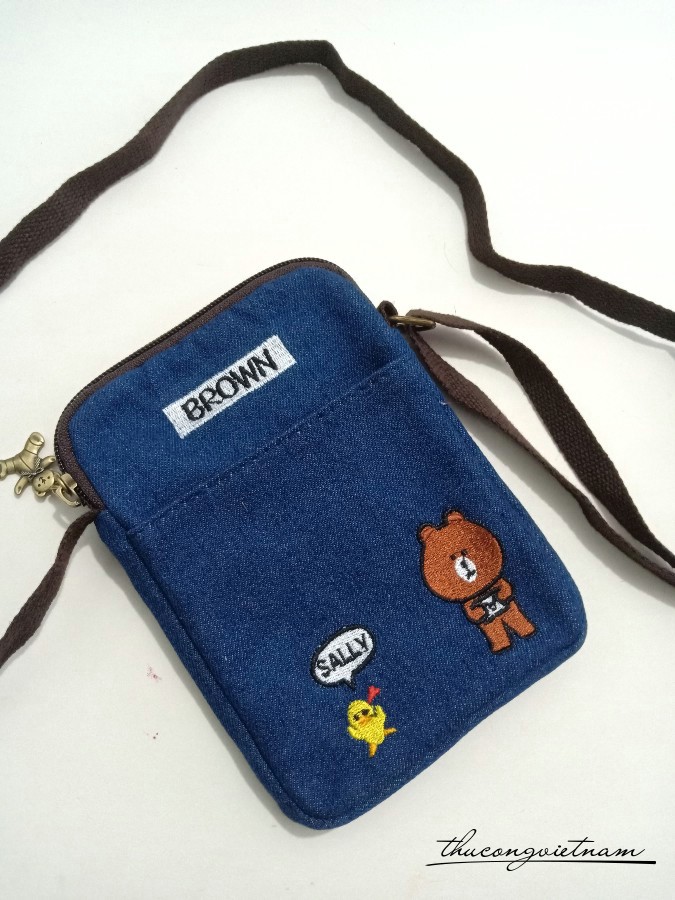 Túi handmade vải vintage 12x19x2cm - Gấu Brown xanh dương
